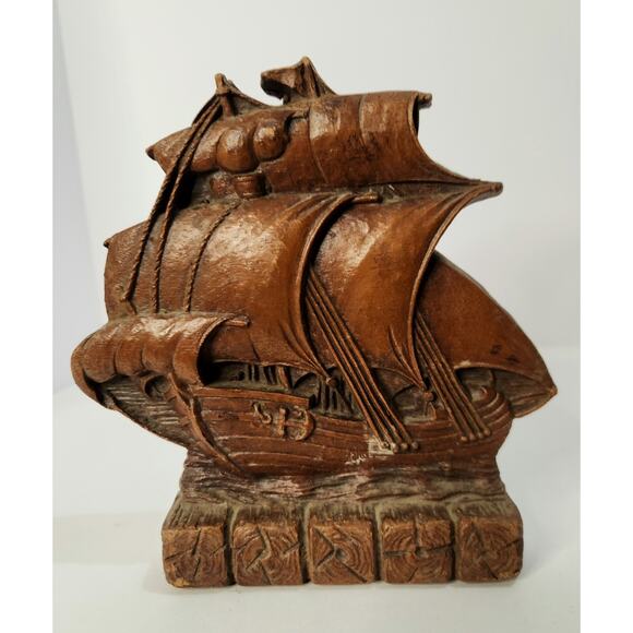 Vintage Nautical Ship Bookends Pair Sailing Galleon Rustic Brown 6" - Picture 5 of 6